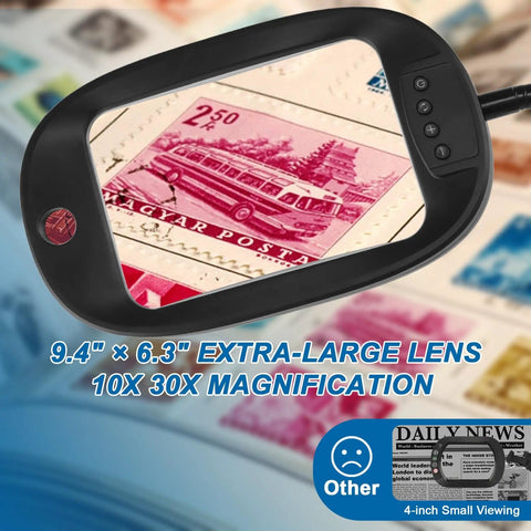 Dual Lens Lighted Magnifier With Stand For Reading And Crafts, Extra Large 7 Inch Viewing Area, showing postage stamps beneath lens