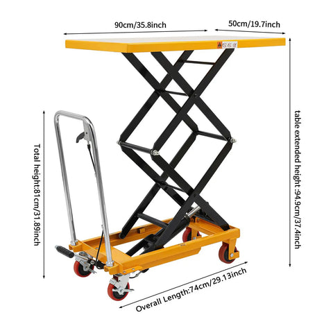 Rock Solid Double Scissor Hydraulic Lift Table Cart 770 Lbs Capacity 51 Inch Lift Height side view with extended height dimensions.