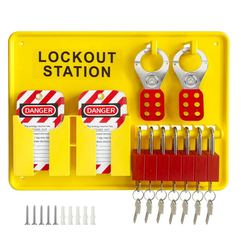 Rock Solid Lockout Tagout Station Bundle With Full 60 Piece Electrical Safety Kit Featuring Rugged Steel Padlocks Secure Gate Lockouts And Bright Warning Tags For The Shop Or Construction Site