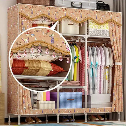 Roomy Portable Canvas Wardrobe Closet Storage Organizer Built Tough With Heavy Duty 25mm Steel Pipes And Door Hook, showcasing clothes and decorative pillows.