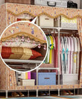 Built Different Heavy Duty Canvas Wardrobe Closet With Thick 25Mm Steel Pipes And Top Shelf Hanging Rod, Washable Breathable Shell, Foldable Roomy Storage Organizer For Clothes Shoes And Gear, Straight Up Easy Setup highlighting shelves and colorful clothing.