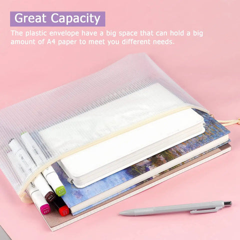 Six Pack Mesh Zipper Pouches Waterproof and Durable Organizer Bags for Board Game Storage, Documents, and Letter A4 Files shown holding notebooks and pens