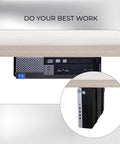 Adjustable Under Desk PC Mount And Wall Mount Bracket For Small Form Factor Computers Heavy Duty Mini PC Holder under a desk with visible ports.