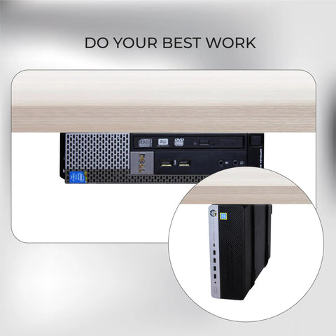 Adjustable Under Desk PC Mount And Wall Mount Bracket For Small Form Factor Computers Heavy Duty Mini PC Holder under a desk with visible ports.