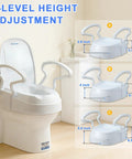 Elongated Raised Toilet Seat Risers Adjustable Height Three Secure Lift Pads For Adults And Seniors No More Bending Premium Heavy Duty Rock Solid Straight Up Easy shown with height settings 2.8, 4, and 5.5 inches.