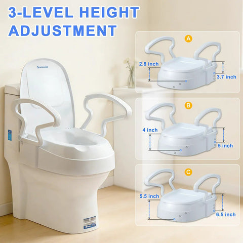 Elongated Raised Toilet Seat Risers Adjustable Height Three Secure Lift Pads For Adults And Seniors No More Bending Premium Heavy Duty Rock Solid Straight Up Easy shown with height settings 2.8, 4, and 5.5 inches.