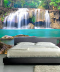Bedroom with Epic Deep Forest Waterfall Wall Mural Peel And Stick Self Adhesive Wallpaper Large 141.7 By 98.4 Inches Six Panel Set