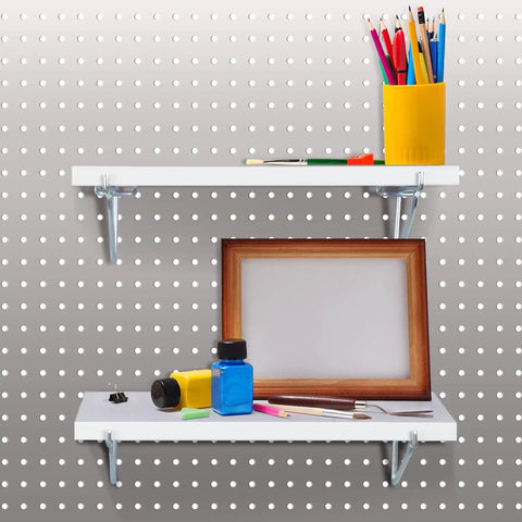 Four Pack White Fiberboard Pegboard Shelf Brackets Slick Wall Storage Organizers For Garage Or Home Office Solid Heavy Duty Peg Boards Keeping Things Neat Stain Resistant Hassle Free Setup And Ready To Roll