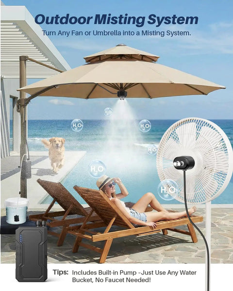 Portable Magnetic Misting System With 6000mAh Battery And Built In Water Pump For Outdoor Cooling No Hose Needed using fan and umbrella