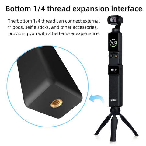 Power Grip Battery Pack For Osmo Pocket 4 And 3 With 5000mAh Battery, 22.5W Fast Charging, One Quarter Inch Mount on mini tripod