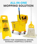 Legit Heavy Duty 35 Quart Mop Bucket With Side Press Wringer Rolling Cart For Commercial Cleanup Crews That Demand Quick Results Includes Yellow Poly Bin And Caution Sign next to mop and caution sign.
