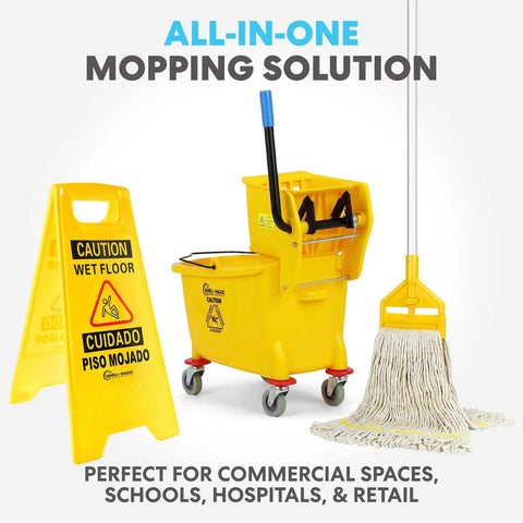 Legit Heavy Duty 35 Quart Mop Bucket With Side Press Wringer Rolling Cart For Commercial Cleanup Crews That Demand Quick Results Includes Yellow Poly Bin And Caution Sign next to mop and caution sign.