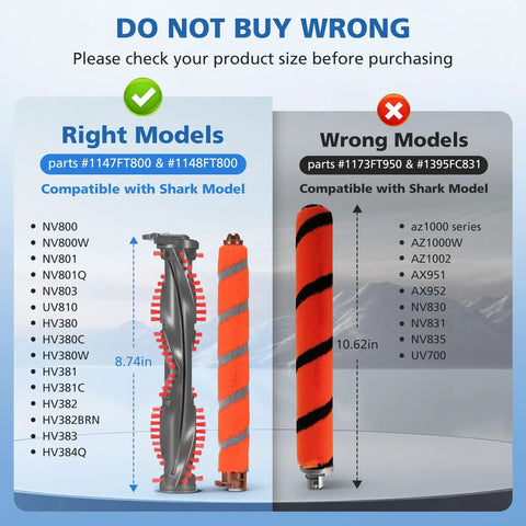 Comparison chart of Brush Roller Replacement Kit For DuoClean Vacuum Cleaners NV800 NV800W NV801 NV801Q NV803 UV810 HV380 showing right and wrong models