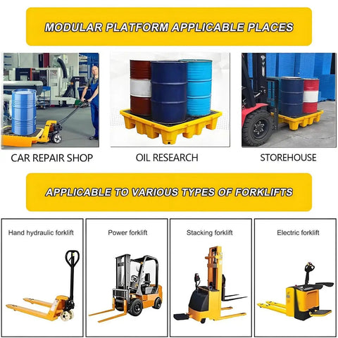 Rugged Heavy Duty Modular Oil Spill Containment Tray With Drain Outlet holding barrels on forklifts in industrial settings