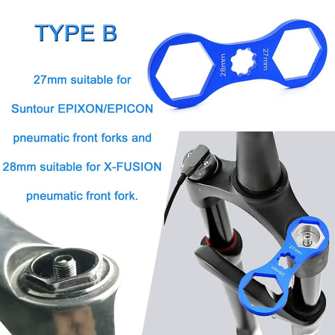 Blue Aluminum Alloy Fork Cap Wrench Set Two Pack Pro Grade For Bike Suspension Cap Removal With 28mm and 27mm Sizes