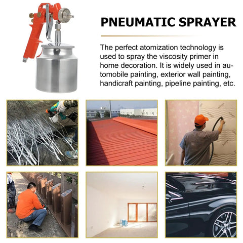 Heavy Duty Pneumatic Paint Sprayer Built Tough As Nails For Clean Smooth Automotive And Fence Coatings No Fuss Setup Quick Stash, ergonomic design, silver paint container.