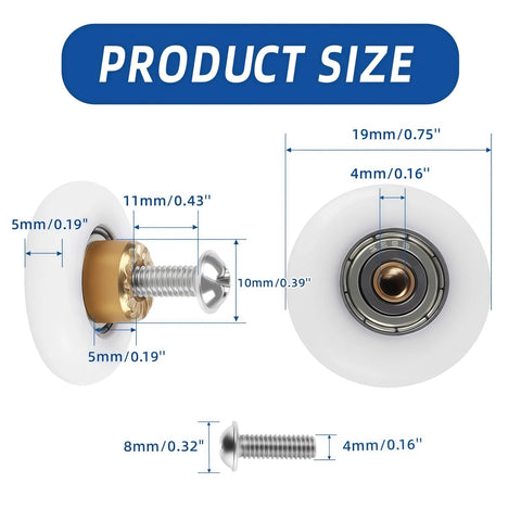 19mm Shower Door Rollers Replacement Set 6 Pieces For Sliding Doors 304 Stainless Steel Screws Copper Core And POM Wheels