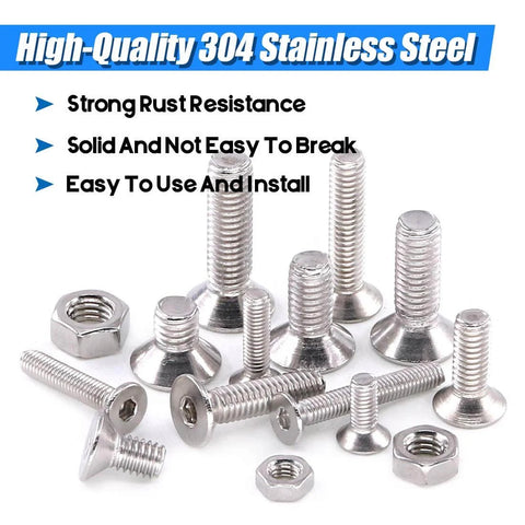510 Piece Metric Stainless Steel Flat Head Countersunk Socket Cap Bolts And Nuts Set M3 M4 M5 With Allen Hex Drive 304