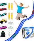 Flexible Race Track For Kids 16 Ft Bendable Car Ramp Track Set With 16 Suction Cups shown with cars and accessories