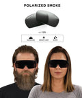 Oversized Blade Style Anti Fog Safety Glasses Featuring Polarized Tinted Lenses With Anti Scratch Coating For Tough Job Sites, worn by two people outdoors.