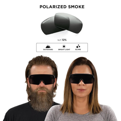 Oversized Blade Style Anti Fog Safety Glasses Featuring Polarized Tinted Lenses With Anti Scratch Coating For Tough Job Sites, worn by two people outdoors.