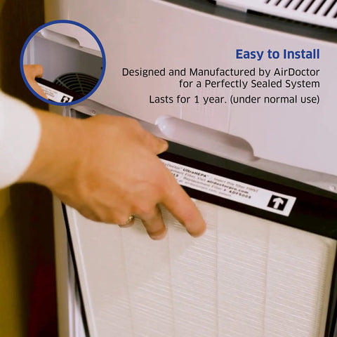 Person installing AD5000 UltraHEPA Replacement Filter For 4 In 1 Home Purifier That Clears Cigarette Smoke Pet Odors Toxins