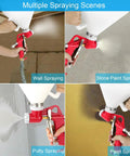 1.5 Gallon Air Hopper Texture Drywall Sprayer Featuring Three Precision Nozzles For Stucco Paint Popcorn Ceiling And Knockdown Finishes That Powers Through Walls No Sweat in action showing wall, putty, and stone paint spraying