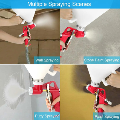 1.5 Gallon Air Hopper Texture Drywall Sprayer Featuring Three Precision Nozzles For Stucco Paint Popcorn Ceiling And Knockdown Finishes That Powers Through Walls No Sweat in action showing wall, putty, and stone paint spraying