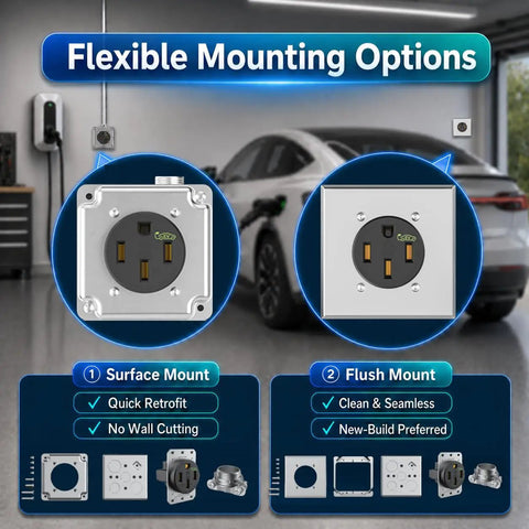 Nema 14-50 EV Charging Wall Socket Kit Featuring Dual Flush or Surface Mount Plates with visible surface and flush mount options.