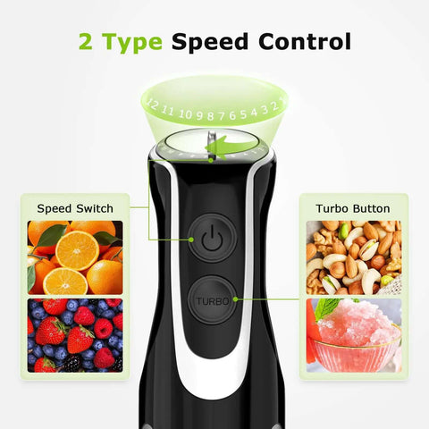 Badass 4 in 1 Immersion Blender with Food Processor and Egg Whisk features 2 type speed control and turbo button.