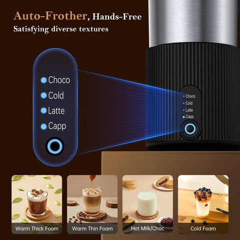 Close-up of Boss Level Milk Frother And Steamer 4 In 1 control panel showing options for choco, cold, latte, and cappuccino.