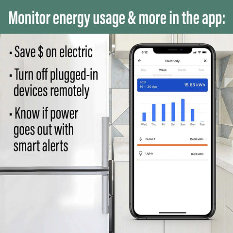 Smart In Wall Light Switch With Netatmo Starter Kit app on smartphone showing energy usage near refrigerator.