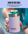 Heavy Duty 12 Oz Can Cooler With Tight Seal Lid Double Wall Vacuum Insulated Stainless Steel Chiller Keeps Beer And Soda Bangin Cold Zero Sweat Build Olive in hand with cold can.