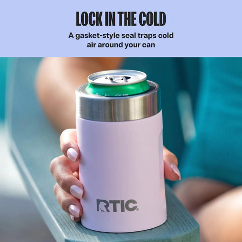 Heavy Duty 12 Oz Can Cooler With Tight Seal Lid Double Wall Vacuum Insulated Stainless Steel Chiller Keeps Beer And Soda Bangin Cold Zero Sweat Build Olive in hand with cold can.