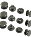 Badass Black Chicago Screws And Leather Rivets 60 Pack M5 X 4mm Heavy Duty Carbon Steel Fasteners With Tool showing flat head fasteners.