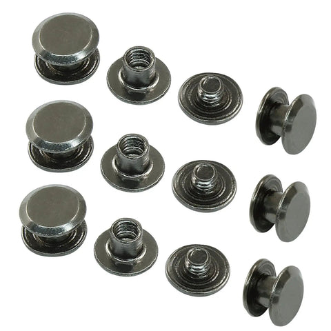 Badass Black Chicago Screws And Leather Rivets 60 Pack M5 X 4mm Heavy Duty Carbon Steel Fasteners With Tool showing flat head fasteners.