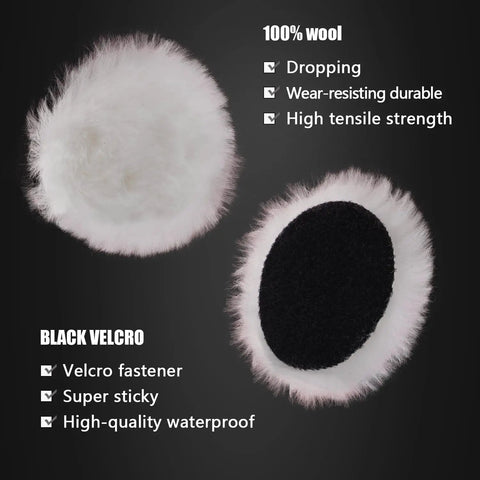 Close-up of wool polishing pads with velcro backing for Dope 7 Piece Six Inch Wool Polishing Pad Kit With Pad Clean Tool Kit And 5/8-11 Drill Adapter