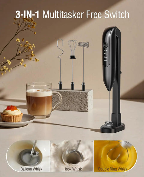 Rechargeable Electric Milk Frother Handheld 3 In 1 With LED Display And Wireless Charging 3 Speeds Stainless Steel Whisk