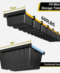 Overhead Garage Ceiling Storage Rack System For 6 Bins Heavy Duty Powder Coated Tote Shelving Set For Garages Sheds Storerooms 7 Pieces Bins Not Included shown with measurements and capacity