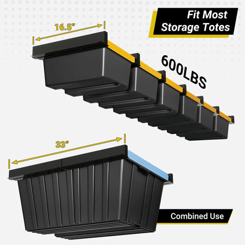 Overhead Garage Ceiling Storage Rack System For 6 Bins Heavy Duty Powder Coated Tote Shelving Set For Garages Sheds Storerooms 7 Pieces Bins Not Included shown with measurements and capacity
