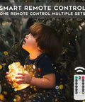 Child holding jar with Grab These Super Cool Battery Operated Fairy Lights With Remote For Your Holiday Setup Featuring 33 Feet Of 100 LED Dimmable Twinkle String Lights Complete With Timer Waterproof Copper Wire Ideal For Bedroom Christmas Tree And Indoor Outdoor Decor In