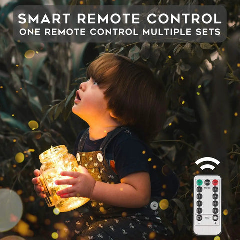 Child holding jar with Grab These Super Cool Battery Operated Fairy Lights With Remote For Your Holiday Setup Featuring 33 Feet Of 100 LED Dimmable Twinkle String Lights Complete With Timer Waterproof Copper Wire Ideal For Bedroom Christmas Tree And Indoor Outdoor Decor In