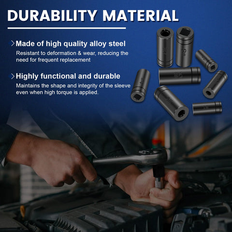 8 Piece Tap Socket Set For Quarter Inch And Three Eighths Inch Drive Adapters For Socket Wrench Fits MCTI Taps Through One Half Inch And One Eighth Inch NPT Taps Rugged Durable Build For Wide Range Of Jobs.