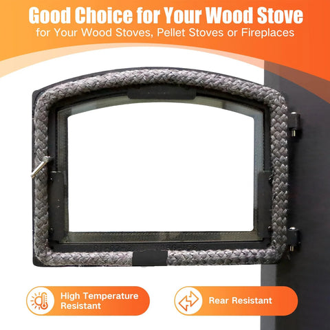 Front view of a black braided wood stove door gasket fitted around a rectangular metal frame with hinge pins