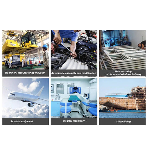 Collage showing industrial sectors: machinery manufacturing, automobile assembly, doors and windows manufacturing, aviation, medical machinery, shipbuilding