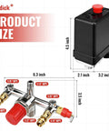 Adjustable 90-120 PSI Air Compressor Pressure Switch Valve With 0-180 PSI Gauge And Vertical Manifold Regulator shown with dimensions