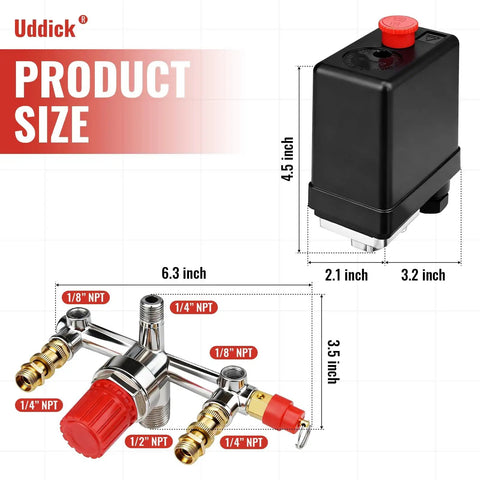 Adjustable 90-120 PSI Air Compressor Pressure Switch Valve With 0-180 PSI Gauge And Vertical Manifold Regulator shown with dimensions