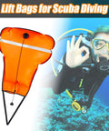 70Lb Scuba Lift Bag With Over Pressure Valve And Open Bottom High Visibility Orange Nylon TPU Coated 210D next to diver