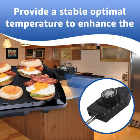 Probe Temperature Control Cord Plug And Play For Electric Skillets Griddles And Grills With 1 3 8 Inch Terminal Spacing Thermostat Heat Control 125V 10A Replacement Cable shown attached to an electric griddle cooking breakfast in a kitchen setting.