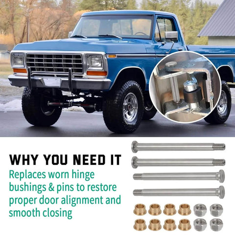 Door Hinge Pin And Bushing Repair Kit For Ford F150 F250 F350 1973 1979 And Bronco 1978 1979, stainless steel parts shown